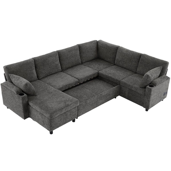 110 in. U-Shaped Chenille 5-Seat Sectional Sofa in Grey with Storage Chaise, Cup Holders and Charging Ports