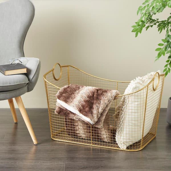 Litton Lane - Geometric Gold Metal Wire Grid Storage Basket with Curved Edges Ring Handles