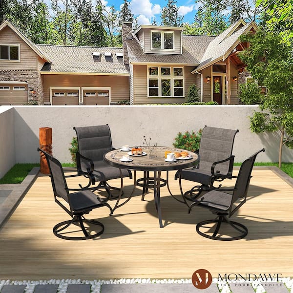 Mondawe 5-Piece Aluminum Frame Outdoor Dining Set Blended Fabric Seat Swivel Chair Ceramic Round Table with 2.3-in Umbrella Hole