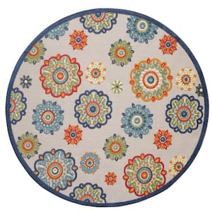 Ava Ivory 8 ft. Round Bohemian Floral Indoor/Outdoor Area Rug