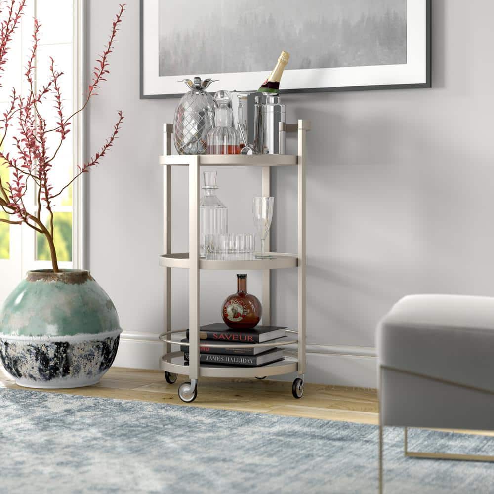 Satin Nickel Round Bar Cart with Glass Shelves