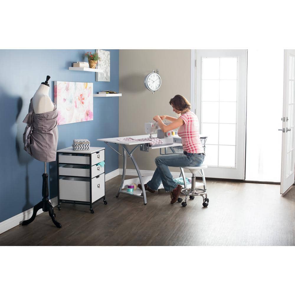 Silver and White Foldable Sewing Table with Mesh Drawers