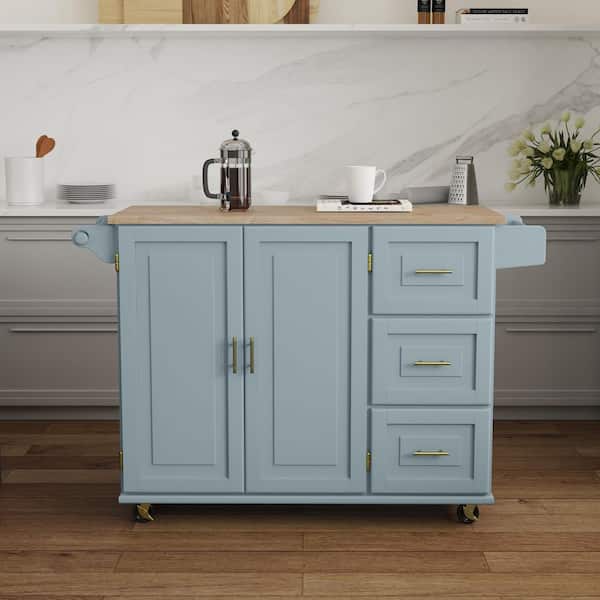 HOMESTYLES Dolly Madison Light Blue Kitchen Cart with Natural Wood
