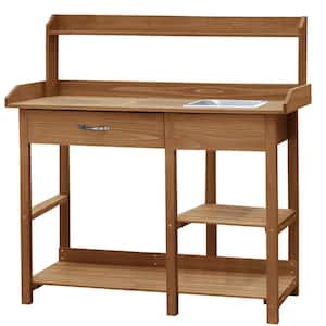 48 in. H Wood Potting Benches and Tables with Removable Stainless Sink and Drawers in Yellow
