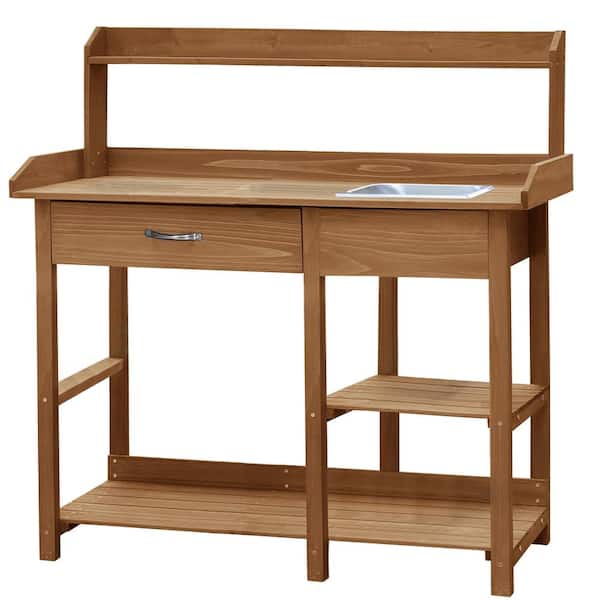 48 in. H Wood Potting Benches and Tables with Removable Stainless Sink and Drawers in Yellow