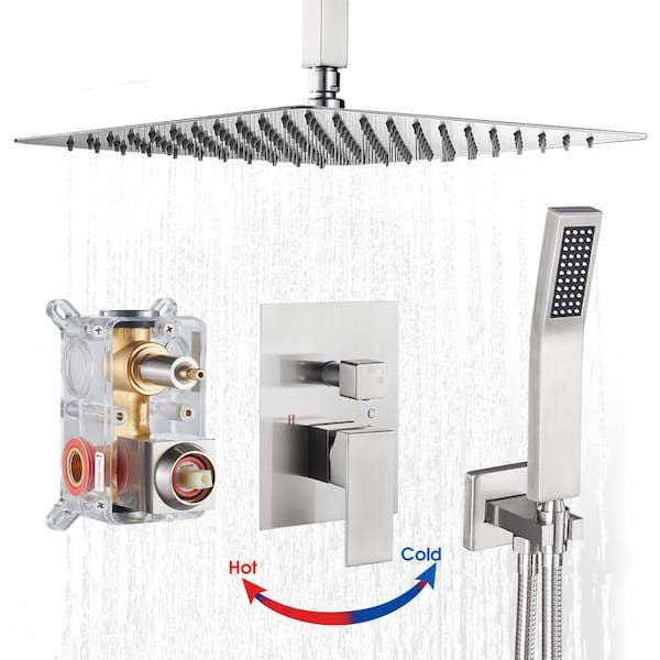 Single Handle 1-Spray 12 in. Ceiling Mount Shower Faucet 1.8 GPM with Pressure Balance in Brushed Nickel Valve Included