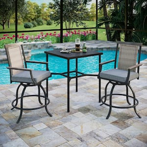 3-Piece Metal Bar Height Outdoor Bistro Set with Square Table and Rattan Bistro Chairs with Gray Cushion