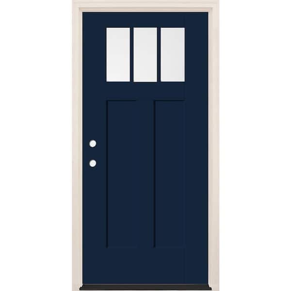 Builders Choice 36 in. x 80 in. Right-Hand 3-Lite Clear Glass Indigo Painted Fiberglass Prehung Front Door with 4-9/16 in. Frame