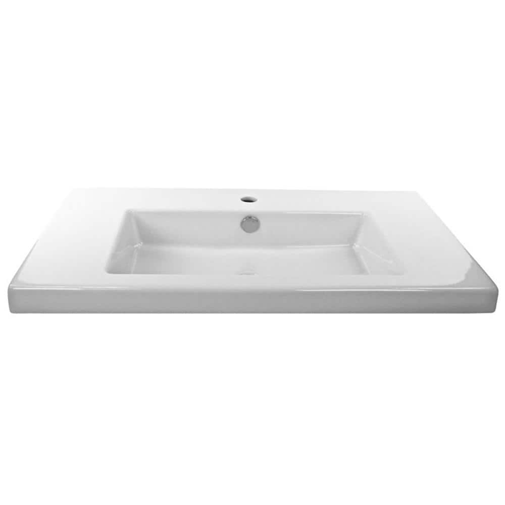 Glossy White Ceramic Rectangular Wall-Mounted Bathroom Sink
