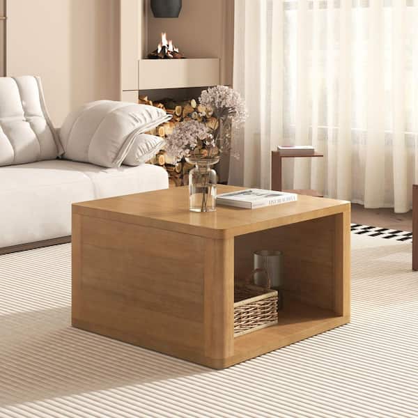 30.8 in. Natural Square Acacia Wood Farmhouse Coffee Table, Minimalist Living Room Center Table w/ 2-Tier Storage