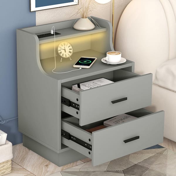URTR Gray 2 Drawer 13.4 in.W LED Nightstand with 2 USB Charging Station, Wood Nightstand with Color-Changing LED for Bedroom