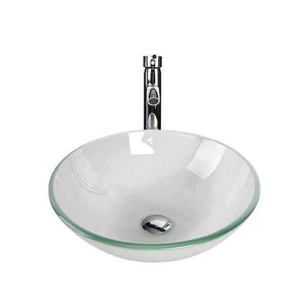 Tahanbath Frosted Glass Bathroom Vanity Sink Round Bowl Vessel Sink with Pop Up Drain