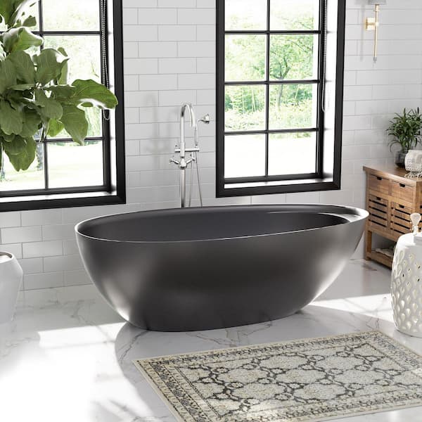 67 in. x 33 in. Solid Surface Stone Resin Freestanding Soaking Bathtub with Center Drain, Drainer, Hose in Matte Black