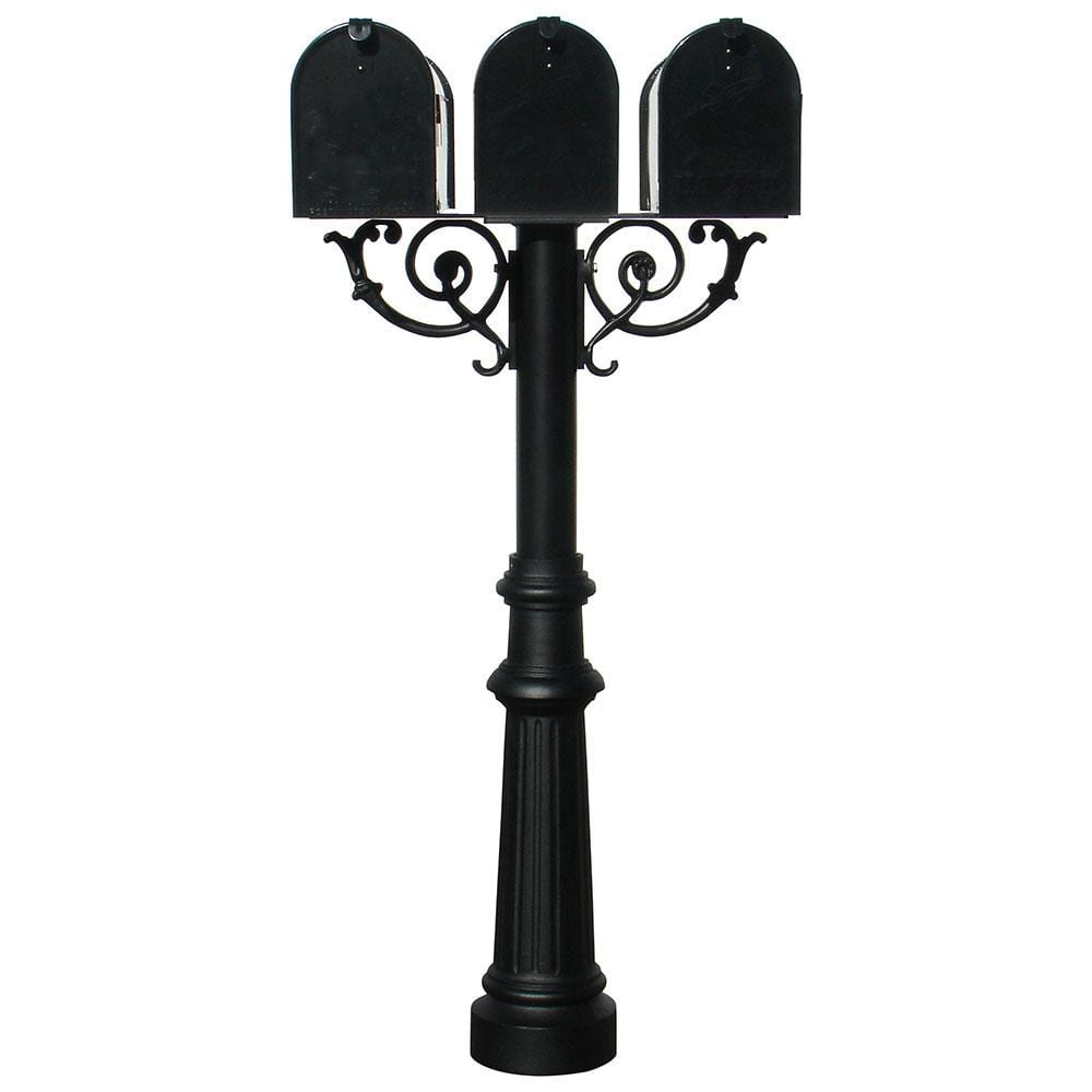 Hanford Triple Black Post System Non-Locking Mailbox with Scroll Supports, 