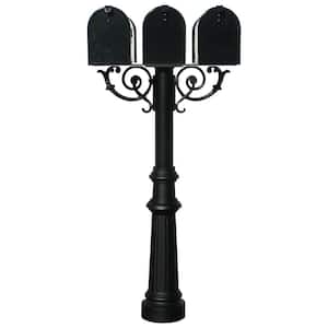 Hanford Triple Black Post System Non-Locking Mailbox with Scroll Supports, Fluted Base and 3 E1 Mailboxes