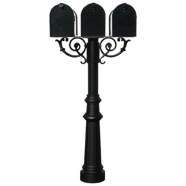 Unbranded Hanford Triple Black Post System Non-Locking Mailbox with Scroll Supports, Fluted Base and 3 E1 Mailboxes