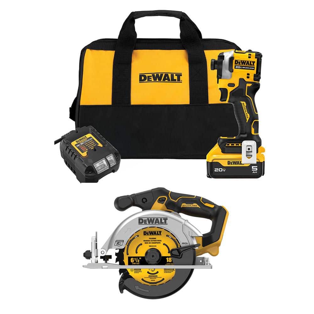 DEWALT Atomic 20V Max Lithium-Ion Cordless Impact Driver Kit & 20V Maximum Cordless Brushless 6-1/2 in. Circular Saw Tool Only (DCF850P1WCS565B)