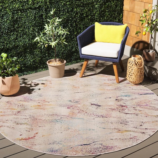 Rainbow Ivory/Blue Gold 7 ft. x 7 ft. Faded Abstract Round Indoor/Outdoor Area Rug