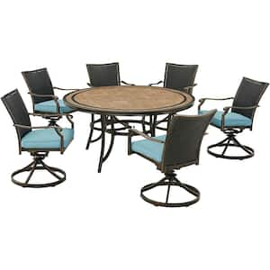 Monaco 7-Piece Aluminum Outdoor Dining Set with Blue Cushions, 6 Wicker Back Swivel Rockers and a Tile-Top Table