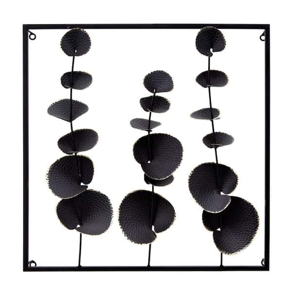 Benjara Black Textured Leaves and Metal Frame Wall Decor