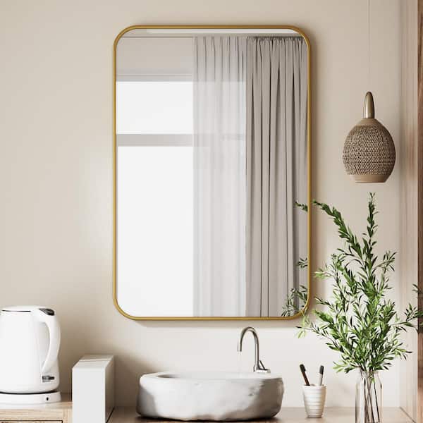 XRAMFY 26 in. W x 37.8 in. H Rectangular Aluminum Alloy Framed Rounded Modern Gold Wall Mirror