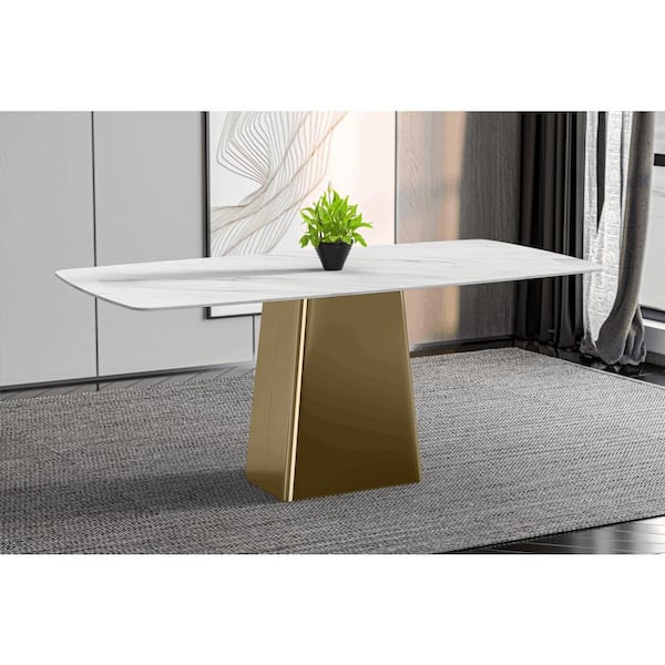 Quinix Modern White Stone 55.11 in. Pedestal Dining Table, Seats-4