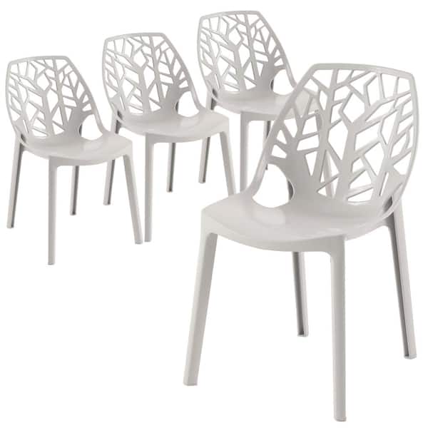 Leisuremod Stackable Dining Chair Modern Cut-Out Design Backrest Set of 4 Side Chair for Indoor and Outdoor in Solid Grey
