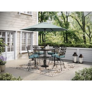 Montclair 5-Piece Steel Outdoor Dining Set with Ocean Blue Cushions, 4 Swivel Chairs, 33 in. Table and Umbrella