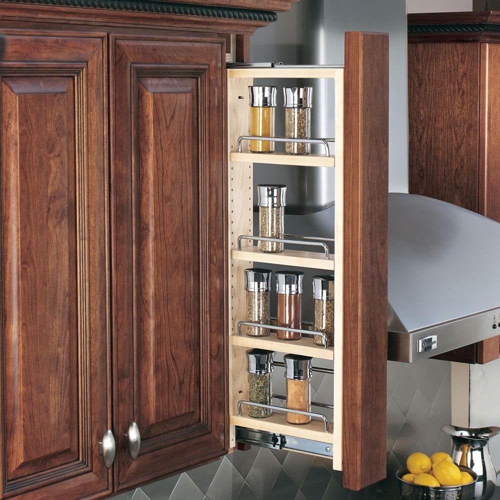 Maple Wood Pull-Out Wall Cabinet Organizer with Chrome Rails