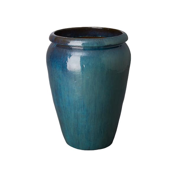 Emissary 20 in. Dia Teal Ceramic Round Planter With A Lip