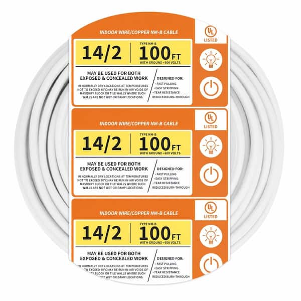 Solid 14 AWG 2 Conductor NM-B Non-Metallic Building Wire with Ground 100 Ft Coil White 600V Indoor Use