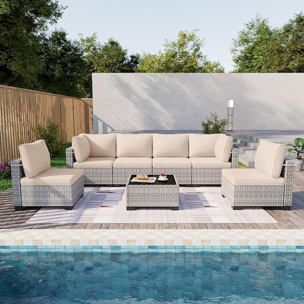 muphyers 7-Piece Wicker Outdoor Sectional Set Sofa Couch with Beige Cushions