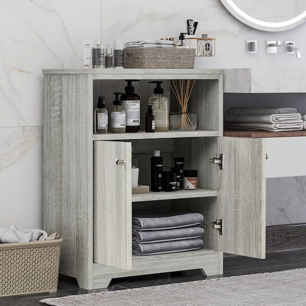 HBEZON 23-3/5 in. W x 11-4/5 in. D x 31-7/10 in. H in Oak MDF Assemble Floor Storage Kitchen Cabinet with Adjustable Shelves