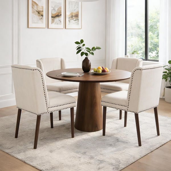 Thunder Luxury Rivet Beige+Walnut Fabric Upholstered Dining Chairs with Rubber Wood Legs, Set of 4