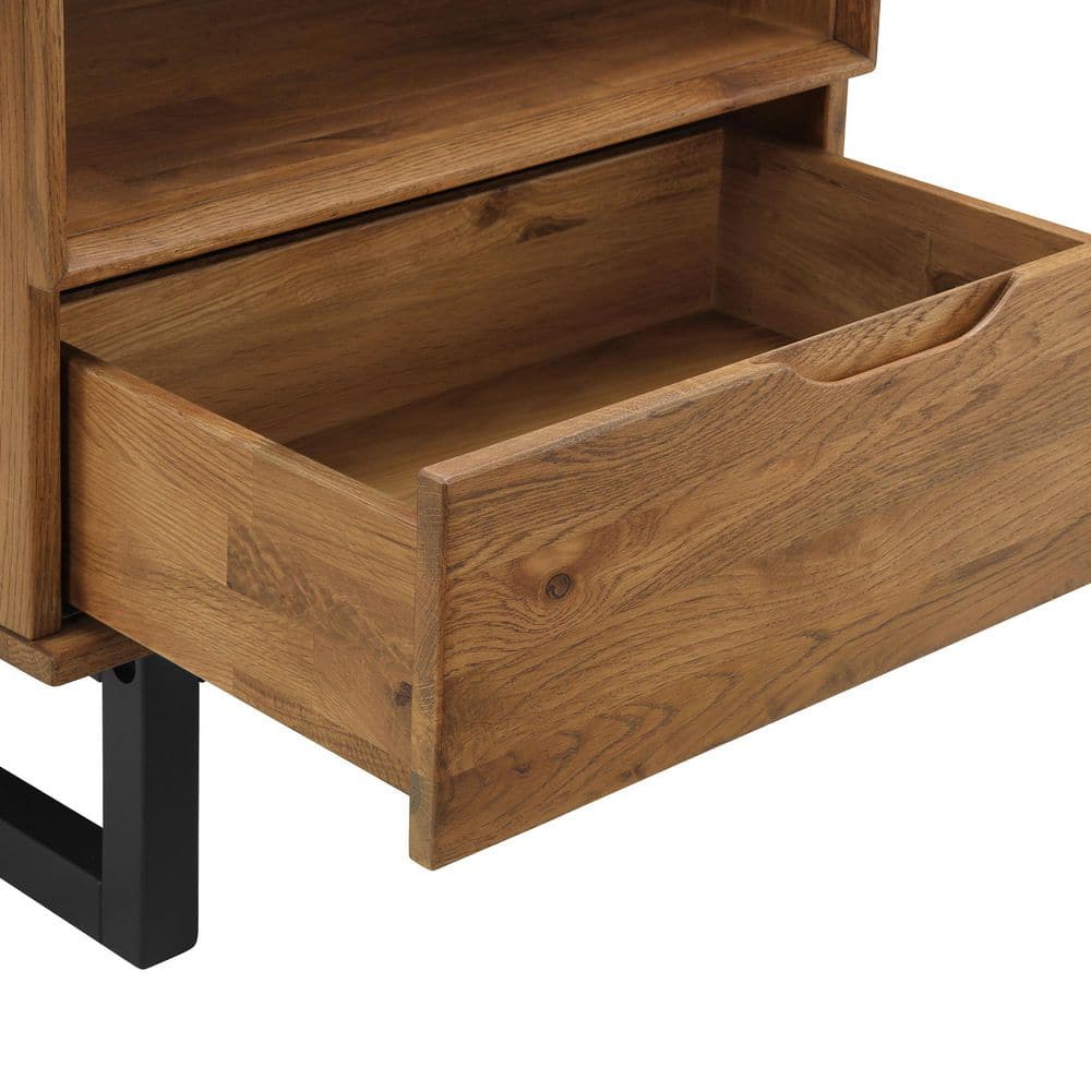 Brown Oak Wood Nightstand with Black Metal Base and Drawer
