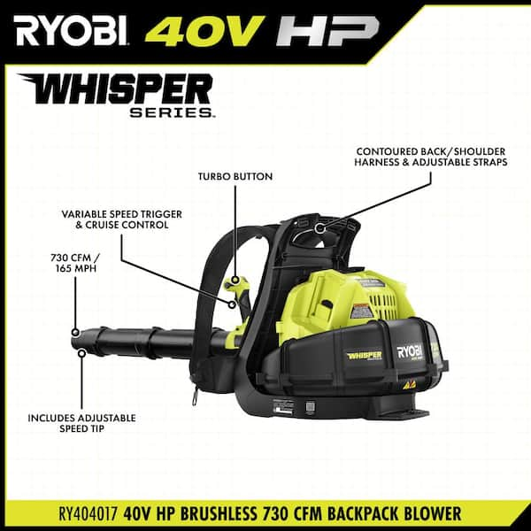 RYOBI 40V HP Brushless Whisper Series 165 MPH 730 CFM Cordless Battery Backpack Blower with 2 6.0 Ah Batteries and Charger RY404170 The Home Depot