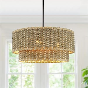 Sable 15 in. Convertible Modern 3-Light Tiered Rattan Chandelier Pendant, Coastal Semi-Flush Ceiling Light