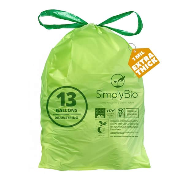 Simply Bio 13 Gal. Compostable Trash Bags, Drawstring Heavy-Duty 1 Mil., Tall Kitchen Food Scrap Waste Bag (30-Count)