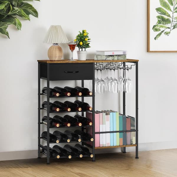 Rustic Brown Freestanding Floor Wine Glass Rack with Storage Shelves Drawer Holds 20 Bottles for Home Bar