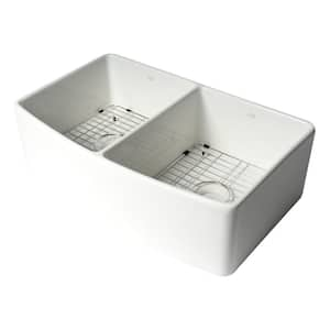 33 in. Farmhouse/Apron-Front Double Bowl White Fireclay Kitchen Sink Workstation with Bottom Grid Included