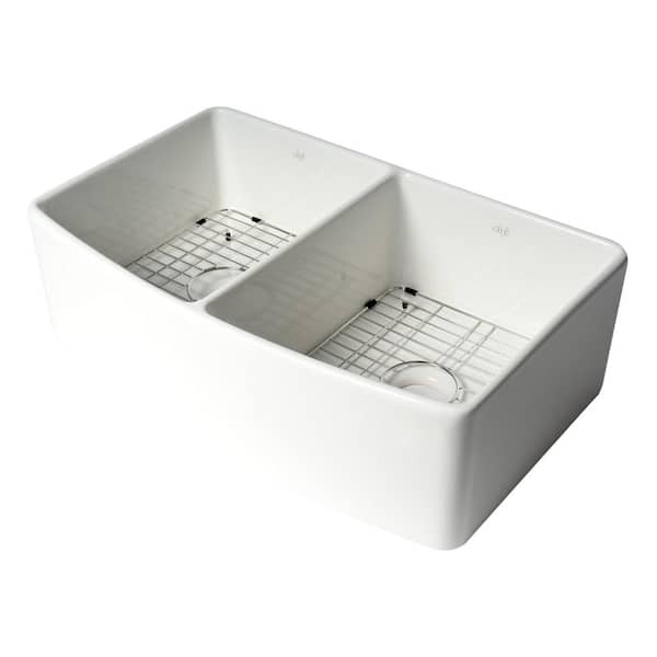 ALFI BRAND 33 in. Farmhouse/Apron-Front Double Bowl White Fireclay Kitchen Sink Workstation with Bottom Grid Included