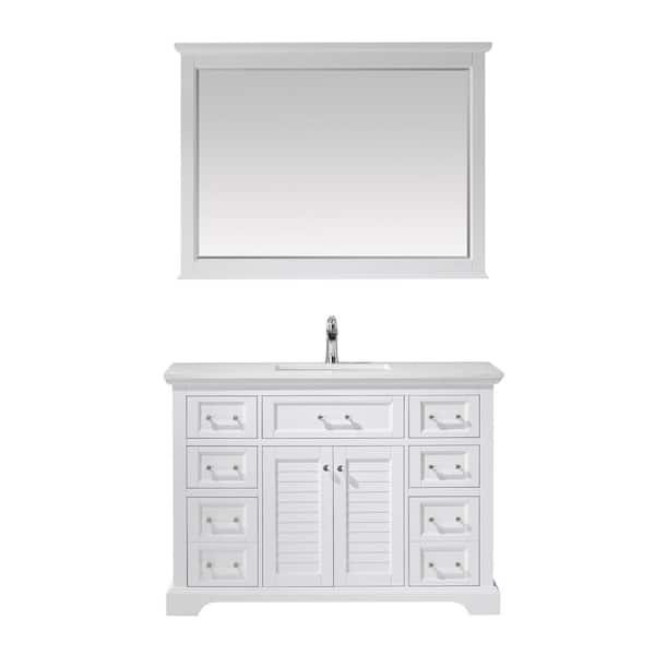 ROSWELL Lorna 48 in. Bath Vanity in White with Manufactured Stone Vanity Top in White with White Basin and Mirror