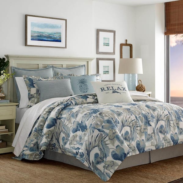 Tommy Bahama Raw Coast 3-Piece Blue Floral Cotton Full/Queen Duvet Cover Set