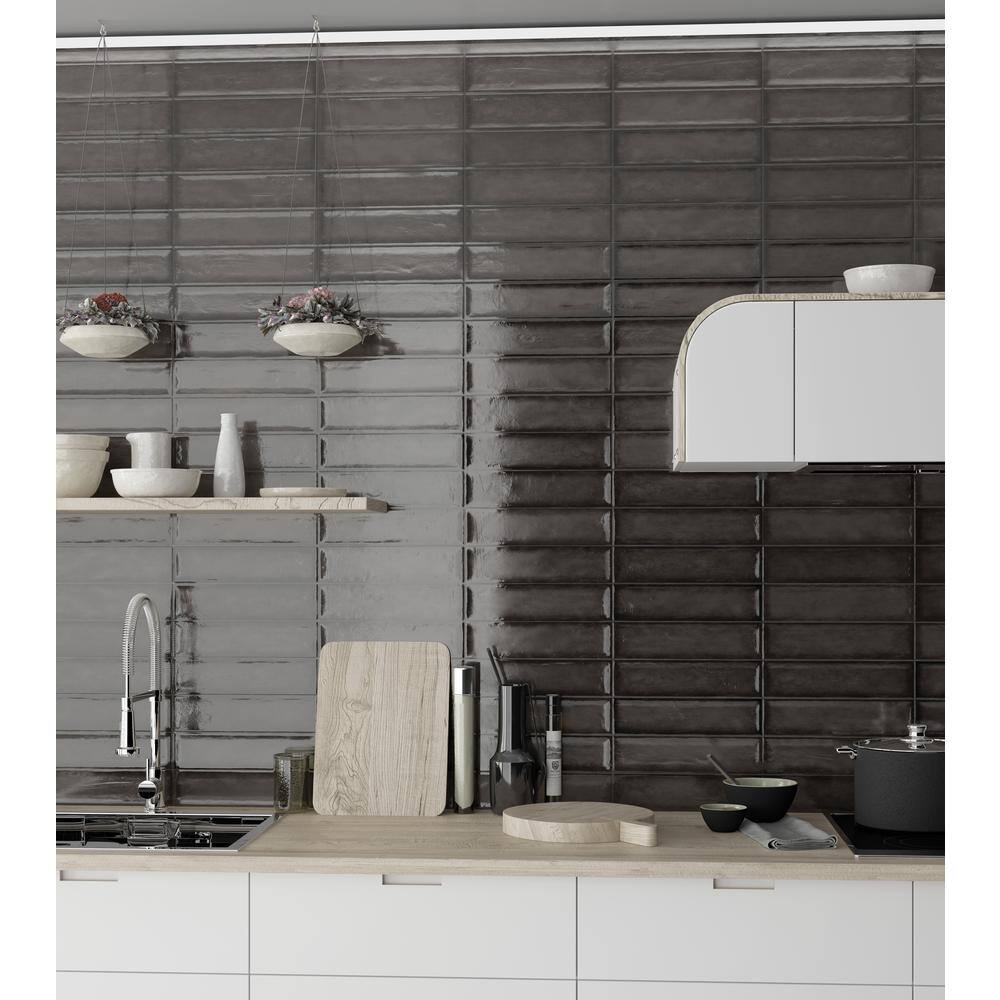 Charcoal Glossy Ceramic 3x12 Wall Tile for Bathroom and Kitchen