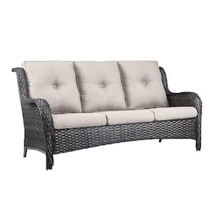 3 Seat Wicker Outdoor Patio Sofa Couch with Deep Seating and Cushions, Suitable for Porch Deck Balcony (Brown/Beige)
