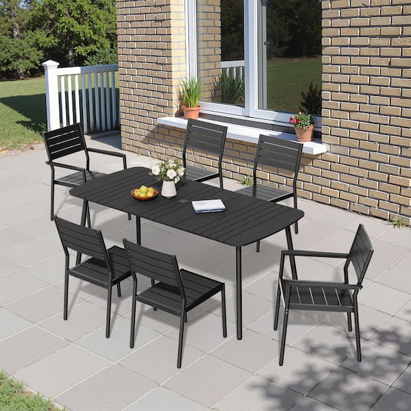 Pellebant 7-Piece 70.9 in. Black Aluminum Patio Outdoor Dining Set, Rectangle Table with Umbrella Hole and Stacking Chairs