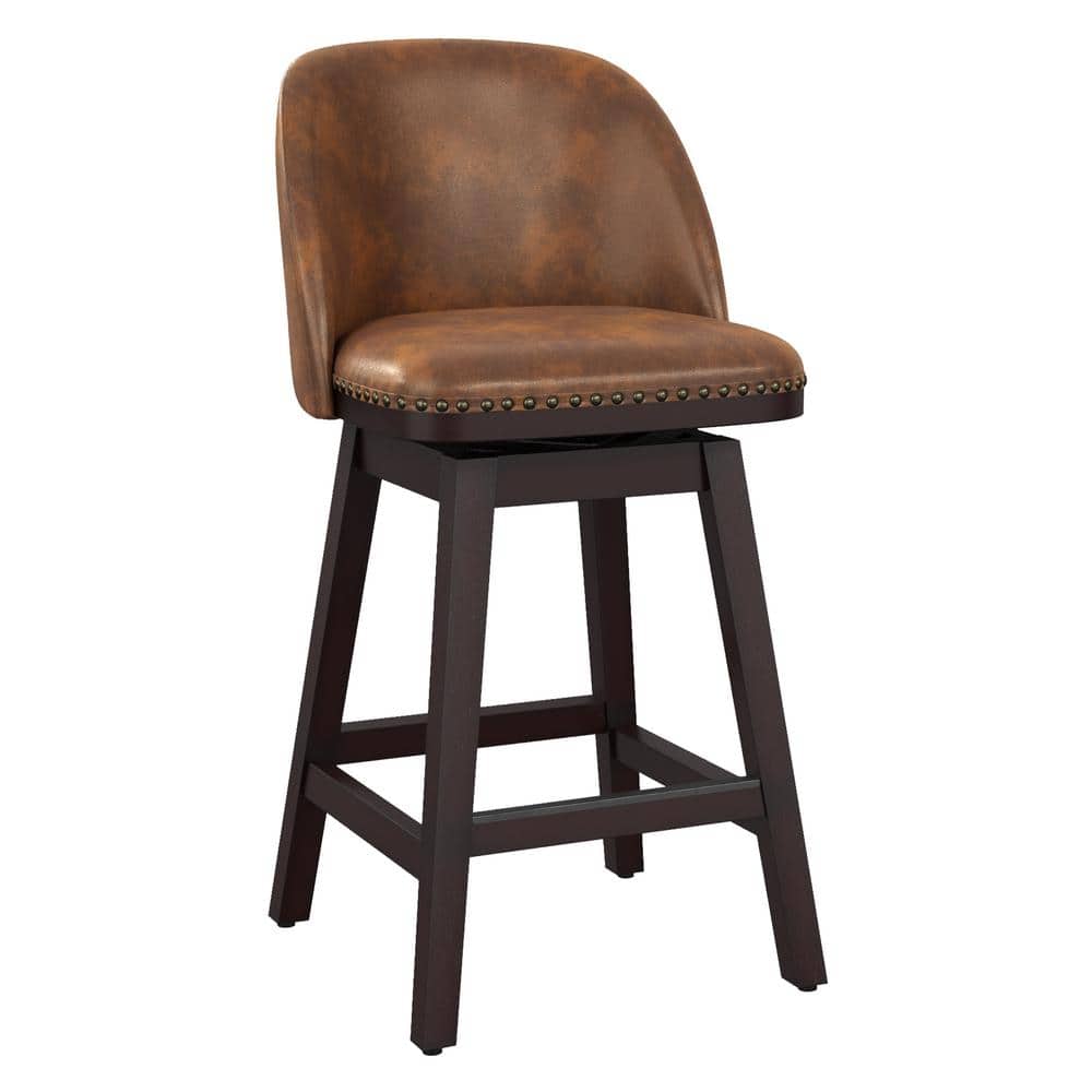 Whiskey Brown Faux Leather Swivel Counter Stools with Wood Legs, Set of 4