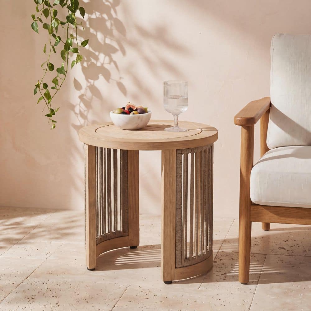 Patio Light Teak Solid Wood and Rope Woven Round Outdoor Side Table price history on PriceWatchPro