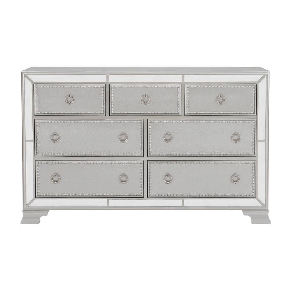 White Glam 7-Drawer Dresser with Mirror Trim and Ring Pulls