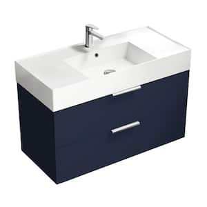 Derin 39.53 in. W x 18.11 in. D x 25.2 in. H Modern Wall Mounted Bathroom Vanity in Night Blue with White Ceramic Top